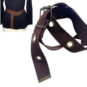 Brown Grommet Webbing Belt Brass Buckle Size M 42" Boho Grunge Vintage Casual
